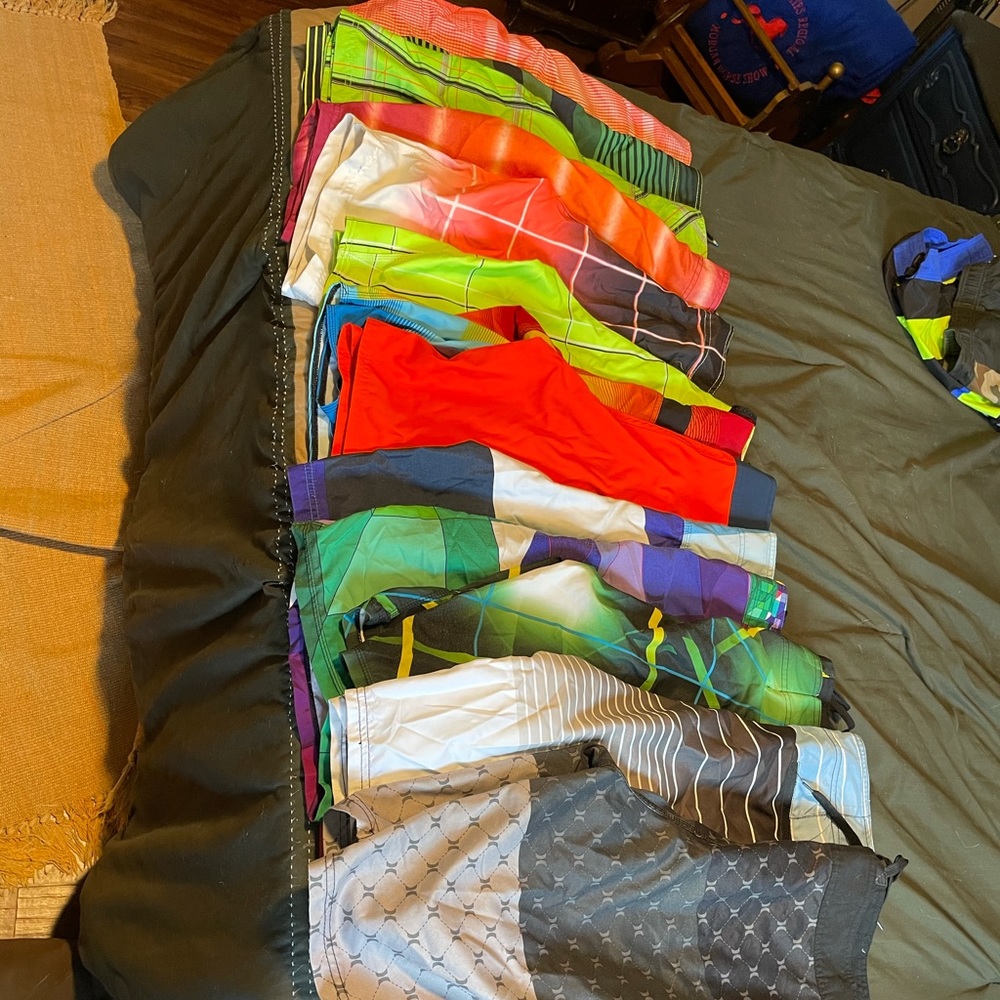 Men’s swim suits.  Hurley, billabong, O’Neil